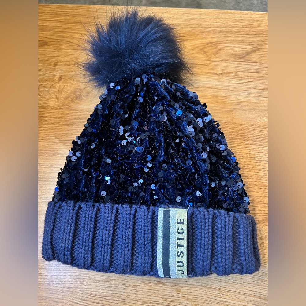 Justice Blue Sequin Pom-Pom Hat